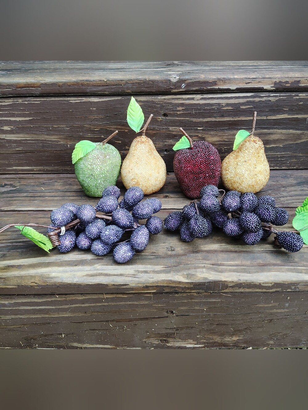 Vintage Sugared Beaded Faux Fruit Pears MCM Deco Fruit Lot 6 Pc Pier 1 Grapes